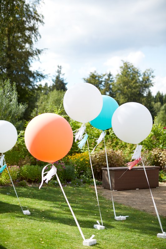 Luftballons mit Ballonbeschwerern auf einer Wiese und Bäumen im Hintergrund
