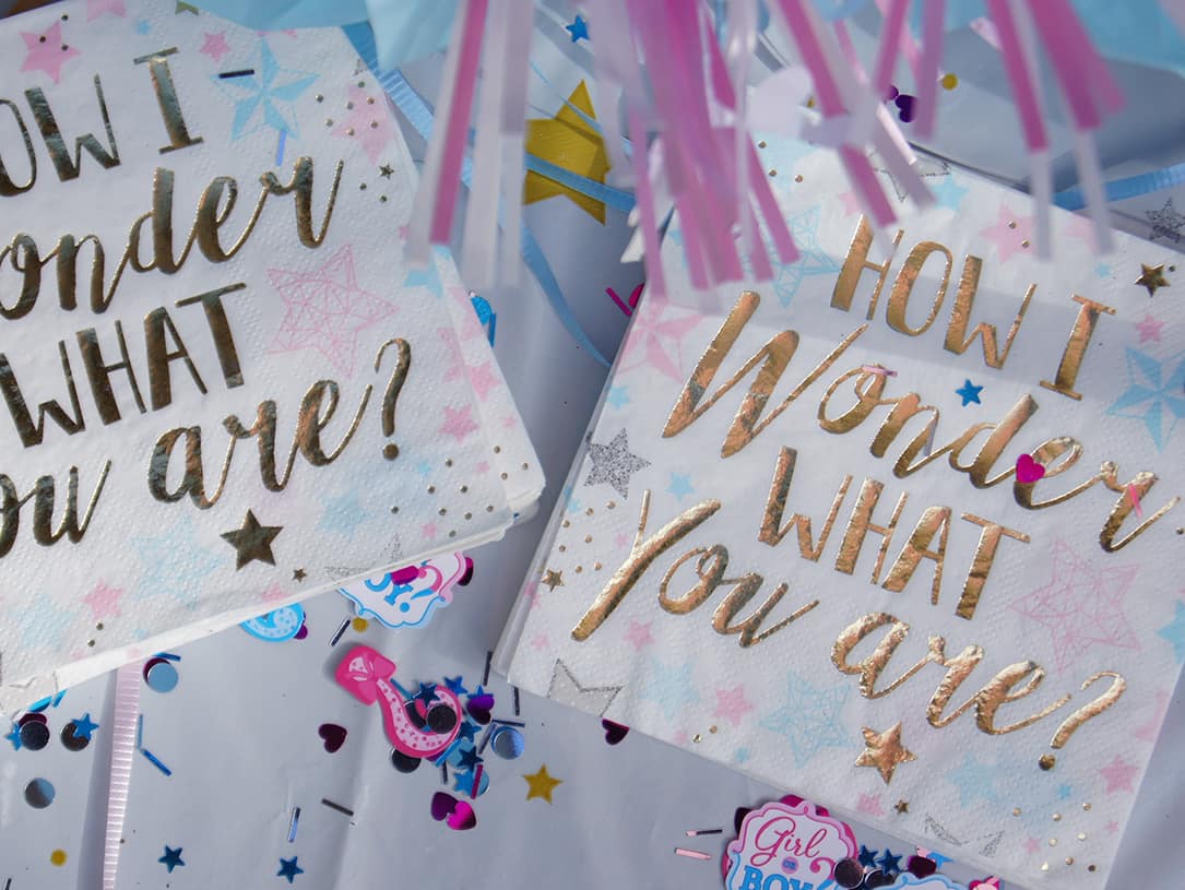 Servietten mit der Aufschrift "How I wonder what you are?" zur Gender Reveal Party